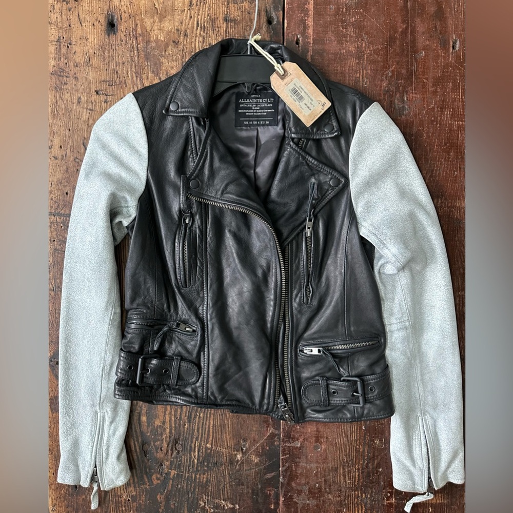 All Saints Black and White Leather Jacket with Zipper Front